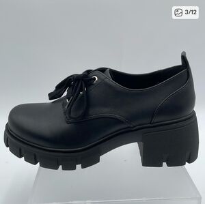 SODA JOJO Black 1” Platform‎ 2.5” Heel Lace-up Loafers Lug Shoes Casual Chunky